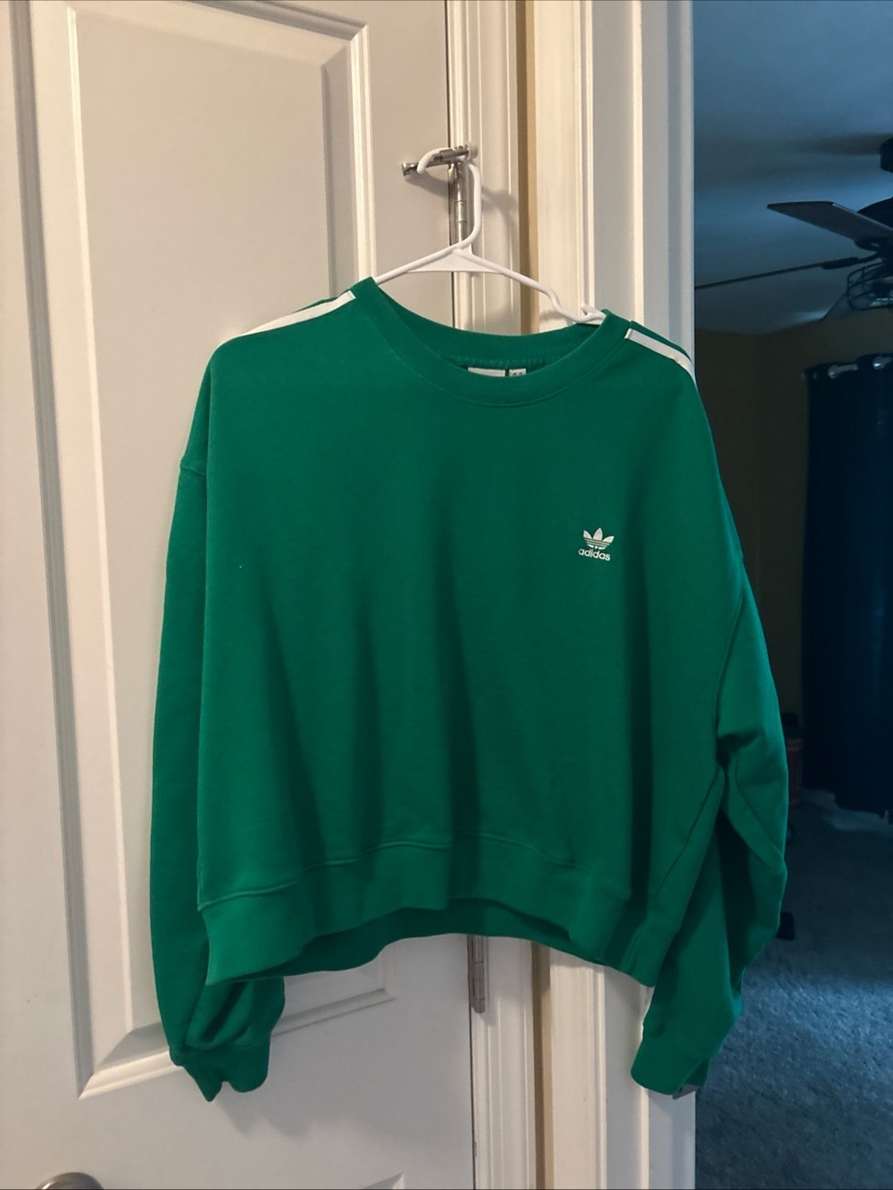 adidas Green Crewneck Sweatshirt with White Shoulder Stripes.  Large